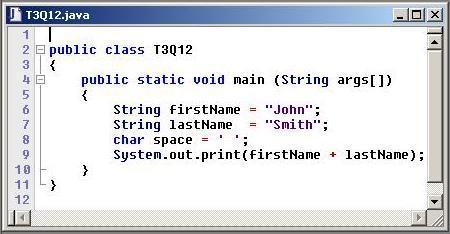30. What is the output of this program? (A) John (B) John Smith ### (C) JohnSmith (D) Smith, John (E) John C. Smith 31.