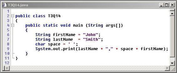 What is the output of this program? (A) John (B) John Smith (C) JohnSmith ### (D) Smith, John (E) John C. Smith 33.
