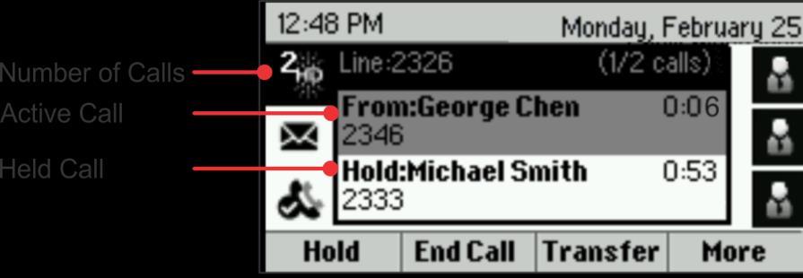 Calls View You can access Calls view if your phone has an active and held call in progress, or you have one call on hold.