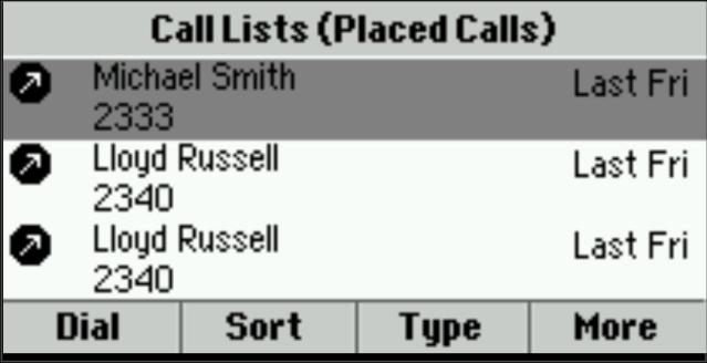 To redial a number:» From the Placed Calls list, as shown next, press Dial. Use the up and down arrow key to select other previously placed calls.