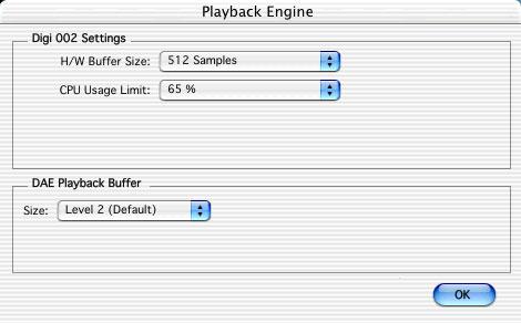 To change the Hardware Buffer Size: 1 Choose Setups > Playback Engine. 2 From the H/W Buffer Size pop-up menu, select the audio buffer size, in samples.