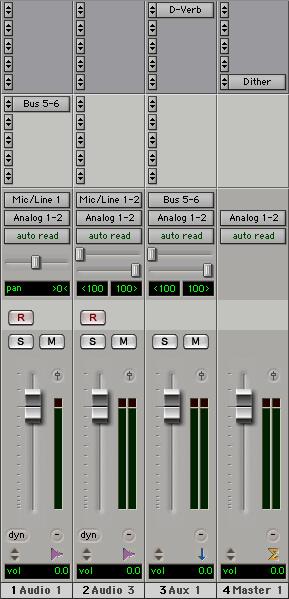 The wet/dry balance in the mix can be controlled using the track faders (dry level) and Auxiliary Input fader (wet, or effect return level).