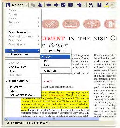 H i g h l i g h t i n g ebrary gives you the ability to highlight text in three different colors: yellow, pink and blue.