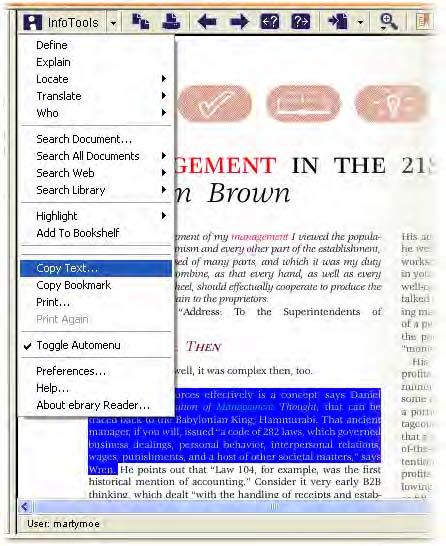 6 Copying and Printing with Automatic Citations C u s t o m i z e d C i tat i o n s ebrary allows you to copy and paste text into any text editor such as Microsoft Word.