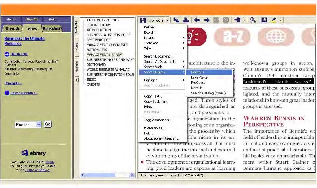 for copying, searching, translating, bookmarking, etc. Content display area ebrary Reader toolbar: a. InfoTools menu a. b. c. d. e. f. g. h. i. b. Copy text with automatic bibliographic citation c.