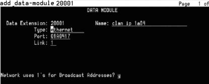 The available data-module extension is shown in step 1. The data-module 20001 is used for the C-LAN. 01A04 indicates the location of the C-LAN board, and 17 is the required port number.