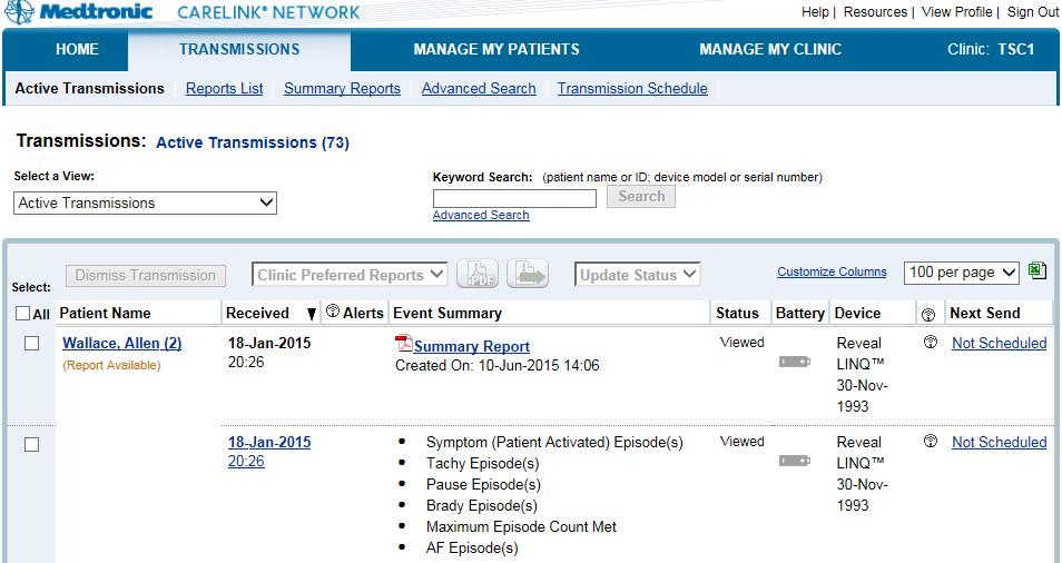 2. Sort by DEVICE TYPE or use the KEYWORD search to find Reveal LINQ Patients. 3. Access patient s transmission details by selecting the RECEIVED DATE hyperlink.