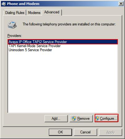 Once the Advanced tap opens, select Avaya IP Office TAPI2