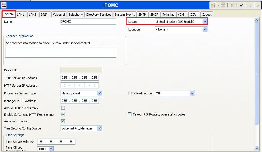5.2. Configure System Locale The Locale is usually the country were the IP Office is installed.