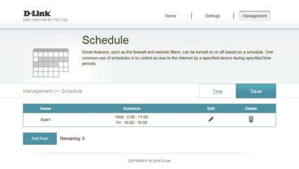 Click Add Rule to add a schedule for times that can be used to control the device s specific features.