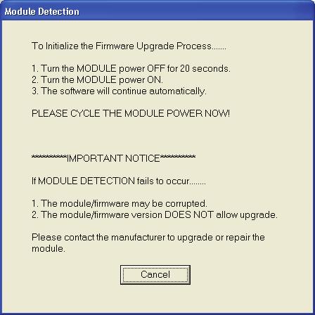 Updates Once selected, the following window titled Module Detection will appear: Follow the instructions on the Module