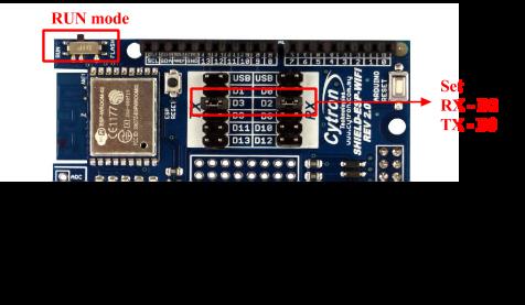 7.2 Create a simple WiFi server using Arduino Uno + ESPWiFi Shield 1. Stack ESPWiFi Shield onto compatible Arduino Board. For this example, Arduino Uno is used. 2. Select D2 for RX and D3 for TX pin.