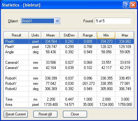6. Histograms and Statistics Tools 6.2 Using Vision Guide Statistics Selecting Statistics from the Vision menu or clicking on the Statistics toolbar button opens the Statistics dialog.