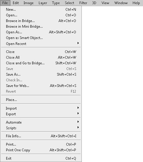 Part I: Getting Started with Adobe Photoshop CS6 Using the File menu The File menu has many of the options that you would expect, and many of them are selfexplanatory.