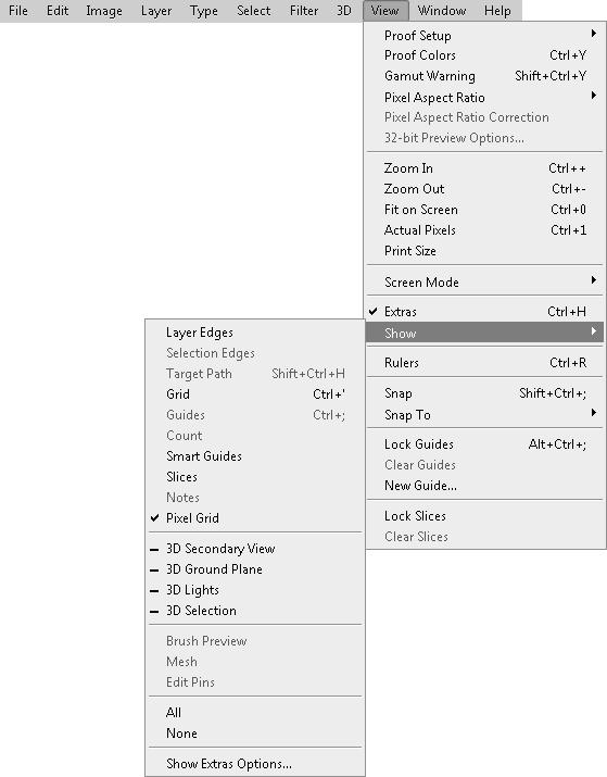 Part I: Getting Started with Adobe Photoshop CS6 FIGURE 2.19 The View menu in Photoshop allows you to customize how documents are displayed in the Photoshop workspace.