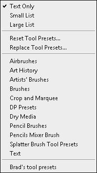 Preconfigured presets Reset options Preset list Preset Manager menu Preset list Display options 2 Saved presets The Preset Manager provides the Preset Type option that allows you to select the preset