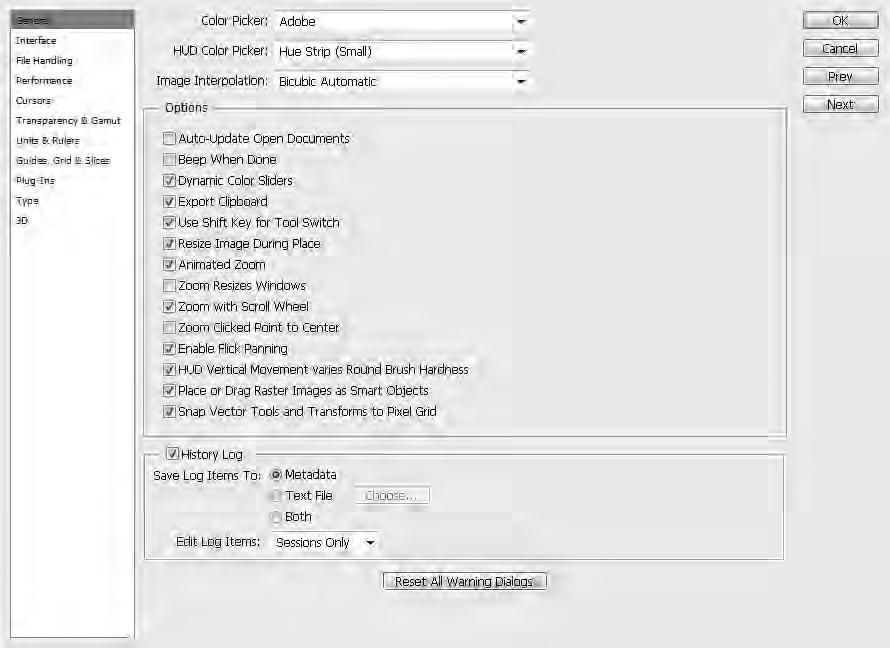 Part I: Getting Started with Adobe Photoshop CS6 FIGURE 2.28 The Preferences dialog box allows you to customize many of the settings in Photoshop.