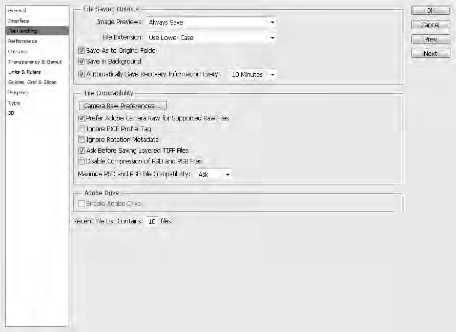 Chapter 2: Exploring the Photoshop Workspace FIGURE 2.31 The File Handling settings in the Preferences dialog box allow you to configure options such as compatibility settings for when you save files.
