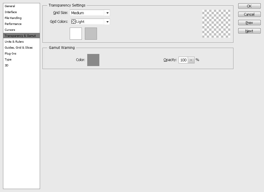 Chapter 2: Exploring the Photoshop Workspace FIGURE 2.34 The Transparency & Gamut settings in the Preferences dialog box allow you to define the appearance of the transparency grid and gamut warning.