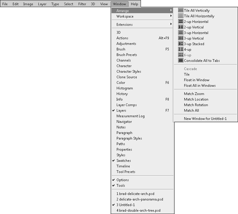 Part I: Getting Started with Adobe Photoshop CS6 FIGURE 2.5 Using the Window Arrange menu, you can easily change the layout of multiple documents in the document workspace.