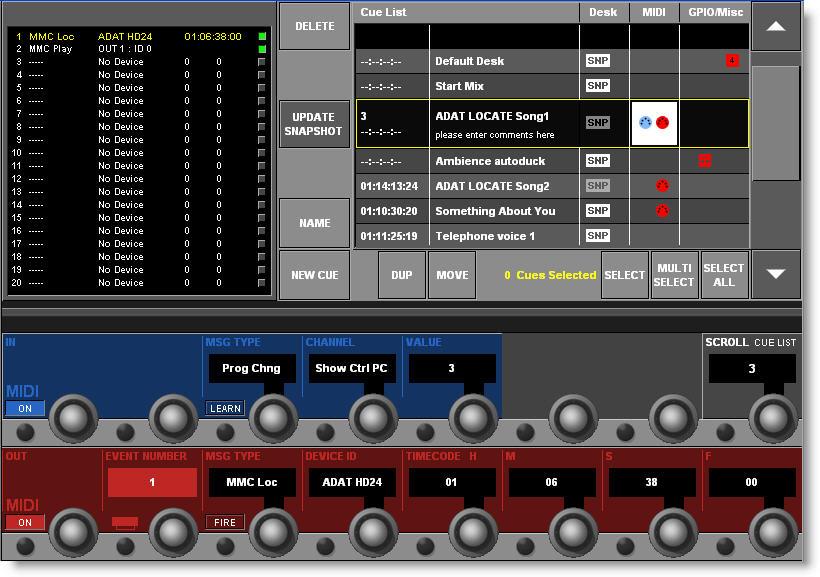 To access the more advanced functions of the Cue List, such as MIDI events, you simply select the required Cue by scrolling it into the central black cursor bar and touch the screen in the relevant