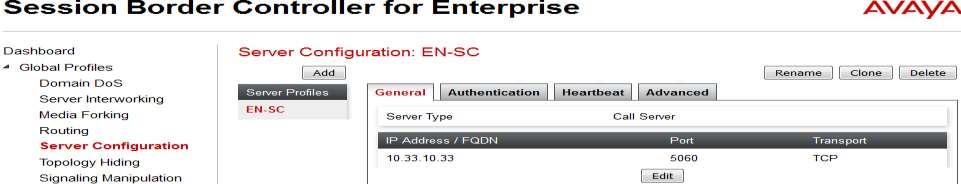 Server Configuration for EN Server Configuration named EN-SC created for EN is discussed in detail below. General and Advanced tabs are provisioned but no configuration is done for Authentication tab.