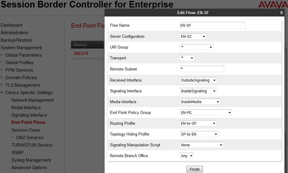 The following screen shows the Server Flow SP-SF configured for SP.