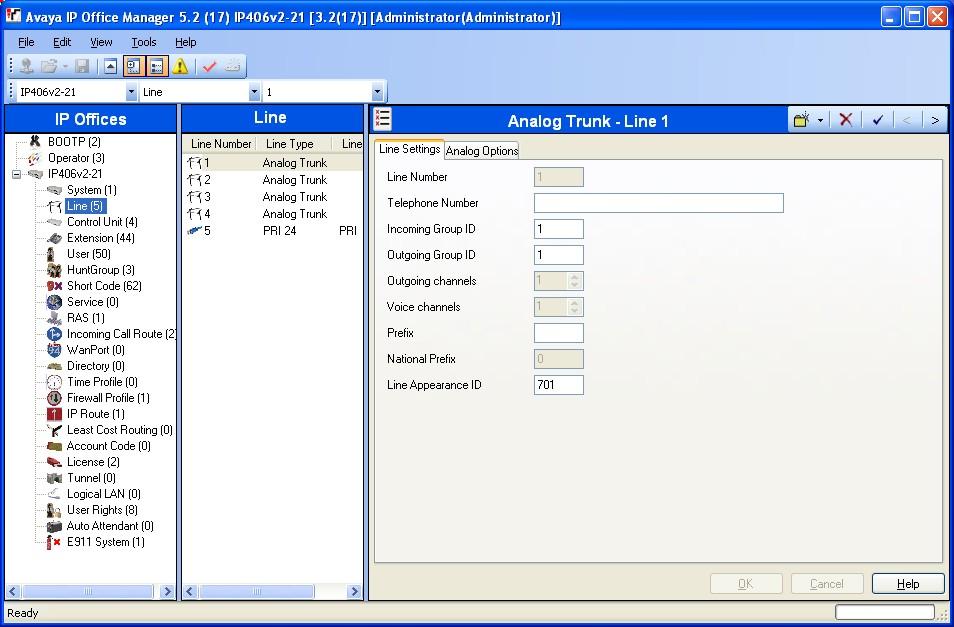 Assign incoming call route to inbound trunks being used 21. In the Manager window, go to the Configuration Tree and click Line.