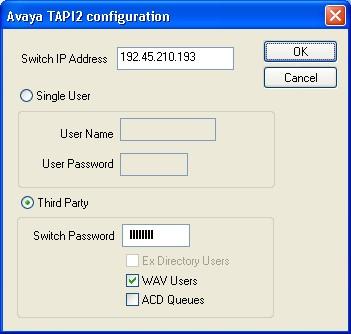 7. In the Avaya TAPI2 configuration window that appears, set Switch IP Address to the IP address of Avaya IP Office, select Third Party, set Switch Password to the IP Office system password