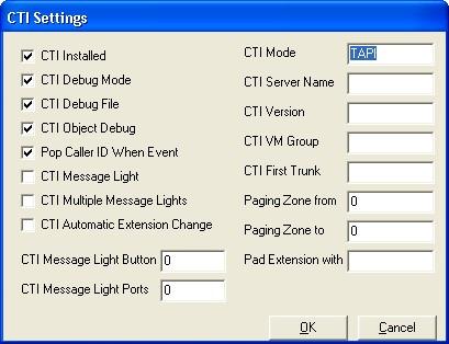 11. In the CTI Settings window that appears, verify CTI Installed, CTI Debug Mode, CTI Debug File, CTI Object Debug, Pop Caller ID When Event are