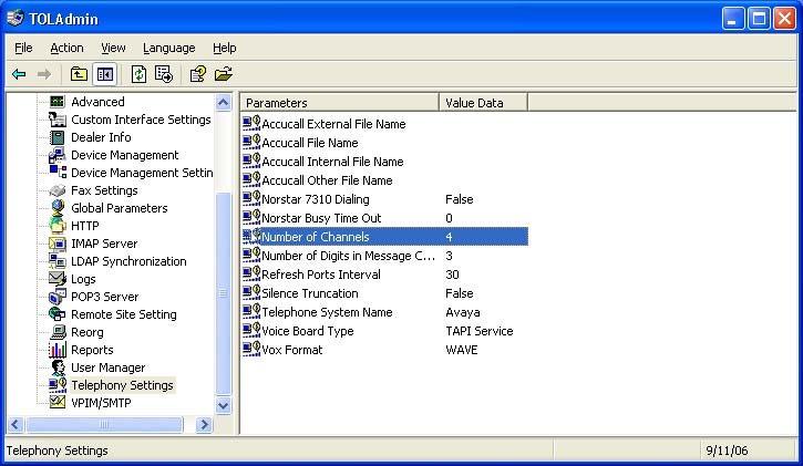 In the TOLAdmin window, click Telephony Settings in the left pane and verify Number of Channels on the right pane is set to the number of TAPI WAVE