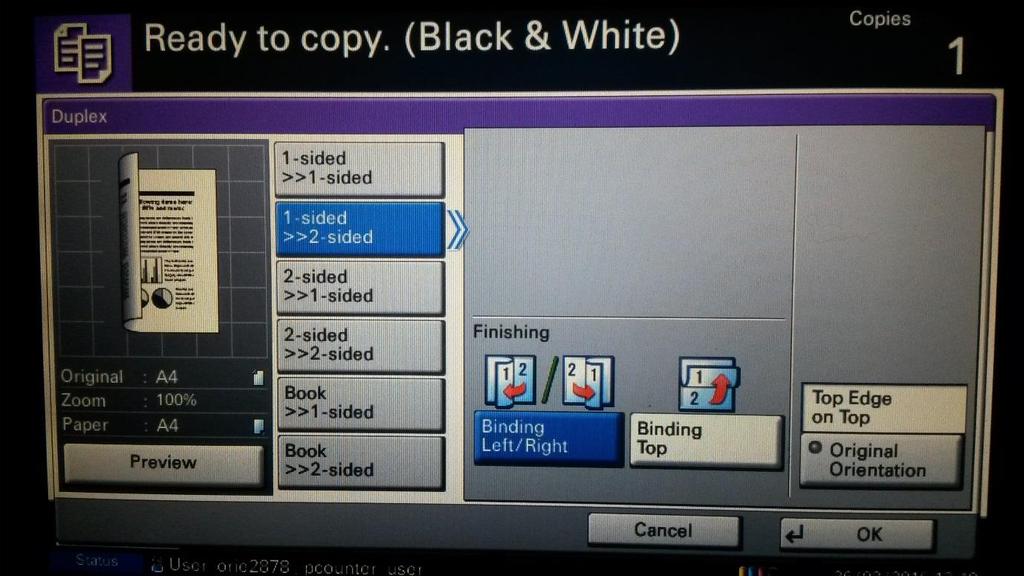 You also have further options (as below) like copying 1-side to 2-sided Press Start button making sure to press the correct button for either colour or black and white.
