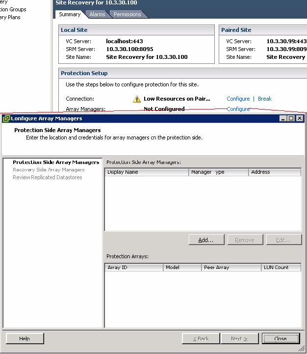 Installation and Configuration Configuring array managers 3. Near the center of the Site Recovery screen, notice that the Paired Site field is blank.