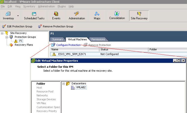 Configuring VMware Site Recovery Manager 7. In the main window of the VirtualCenter client, select Configure Protection. 8.