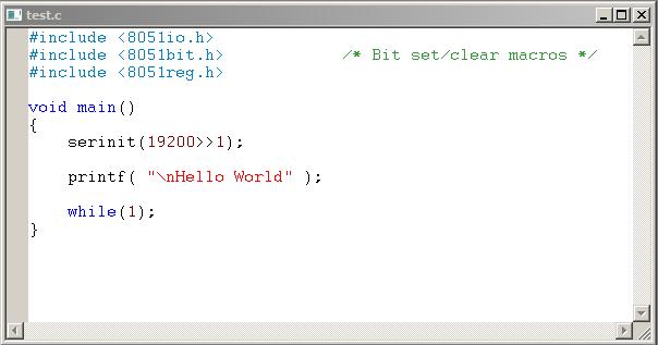 The C source file should now look like this: This program prints Hello World on the terminal window. The program then enters an infinite loop.