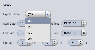 Figure 3-20 Please refer to the following sheet for detailed information. Item Export format Start time End time Note Export modes support JPG, BMP, DAV and AVI.