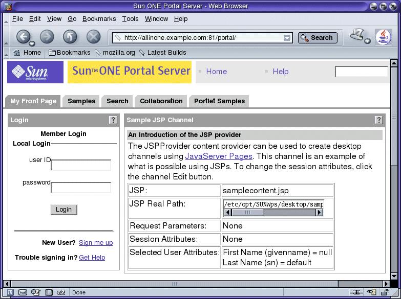 Verifying the Portal Server Default Instance Figure 3-5 Sun ONE Portal Server Sample Portal Desktop 2. Explore the sample portal Desktop by clicking links and tabs.
