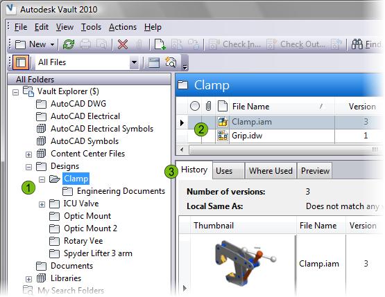 The Autodesk Vault client application is shown in the following image. The folder structure shows how files are organized in the vault.