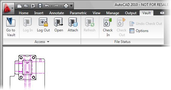 For example, in AutoCAD, you can access common vault commands as shown in the following image.