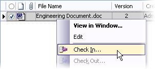 Procedure: Checking In a File Using Vault Explorer The following steps show how to check in a file using Vault Explorer. 1. Right-click the file to be checked in. Click Check In.