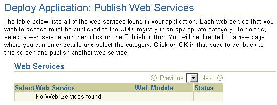 Publish Web Services Publish any Web services defined in your application. This feature requires the UDDI registry. Web services are not installed with a core install.