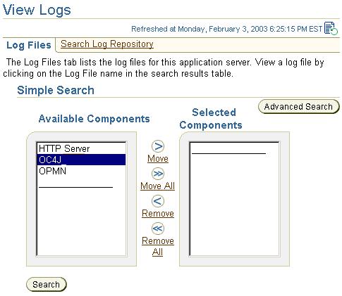 Enabling OC4J Logging 1. At the bottom of the Oracle Application Server Instance Home page, select Logs. 2. Select the OC4J Instances for which you want to view the log files. a.