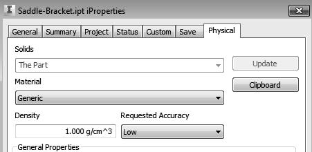 Model History Tree 4-21 Assigning and Calculating the Associated Physical Properties Autodesk Inventor models have properties called iproperties.