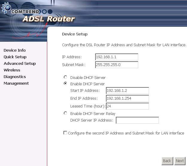 5. Upon completion, click Next. The following screen appears. The Device Setup page allows the user to configure the LAN interface IP address and DHCP server.