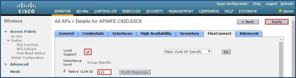 Configuring Native VLAN on the AIR-AP1815W Access Point Procedure Step 1 Step 2 Step 3 On the WLC User