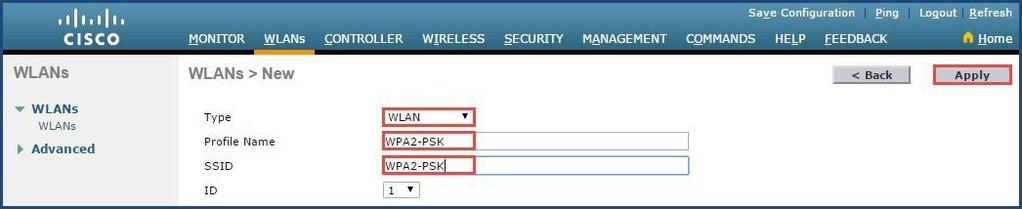 Creating WLAN (Centrally Switched)with WPA2-PSK Procedure Step 1 On the WLC User Interface, navigate