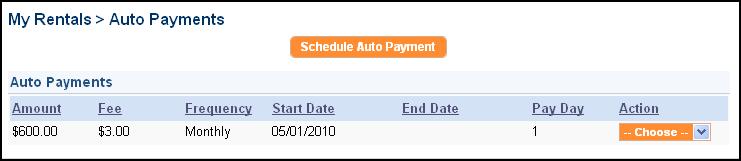 Page 19 You are directed to the My Rentals > Auto Payments screen, confirming that the