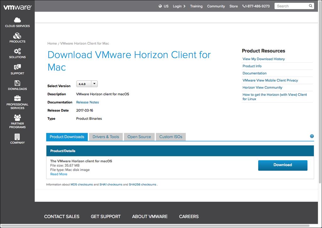 The Download VMware Horizon Client for Mac page is displayed. 3. Click the Download button.