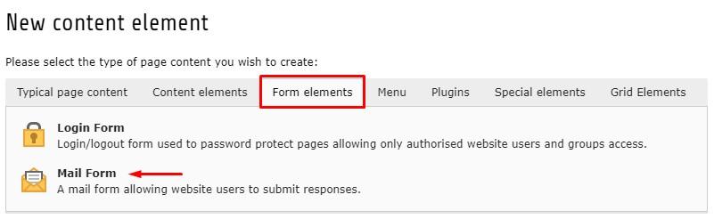 'Mail form' element (8.5.1). 8.5.1 In the 'General' tab you can see that the content element type 'Form' is selected (1).