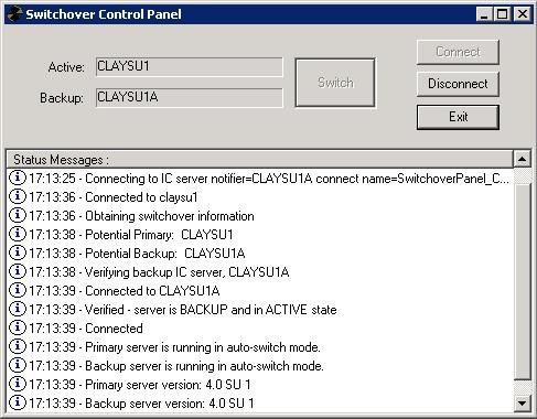 Manually start a switchover on the backup server This section explains how to start a switchover manually on the backup server, for example, in a testing situation, in the Switchover Control Panel.